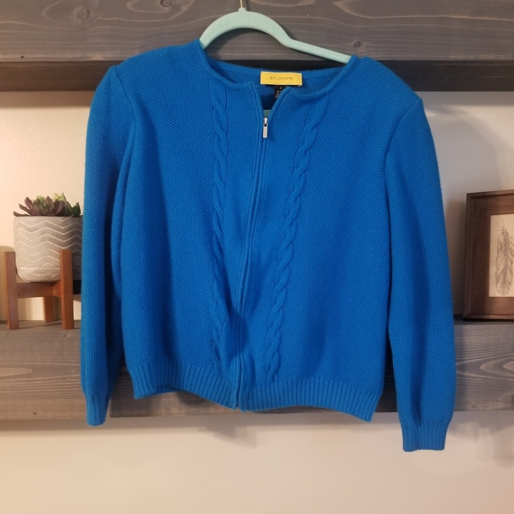 St. John Yellow tag blue zip up sweater wool